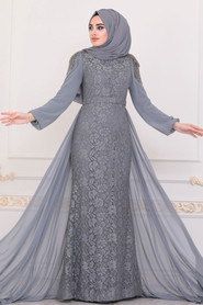 Grey Hijab Evening Dress 40280GR - 2
