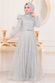 Grey Hijab Evening Dress 41071GR - 1