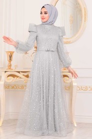 Grey Hijab Evening Dress 41071GR - 2