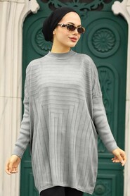Grey Hijab Knitwear Poncho 3404GR - NEVA STYLE