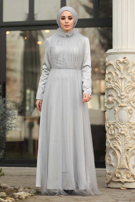  Long Grey Islamic Wedding Dress 2203GR - NEVA STYLE