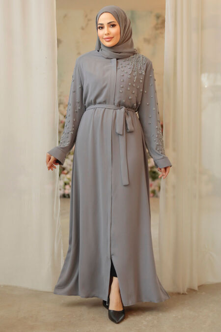 Grey Modest Dubai Abaya 29101GR - NEVA STYLE