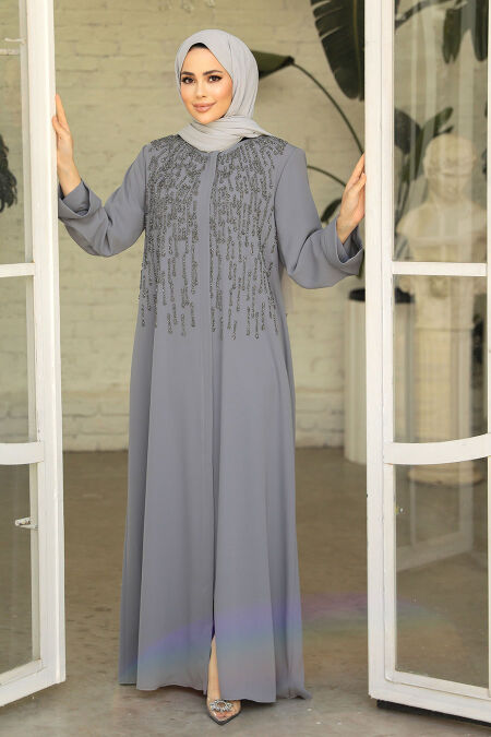 Grey Modest Dubai Abaya 29106GR - NEVA STYLE
