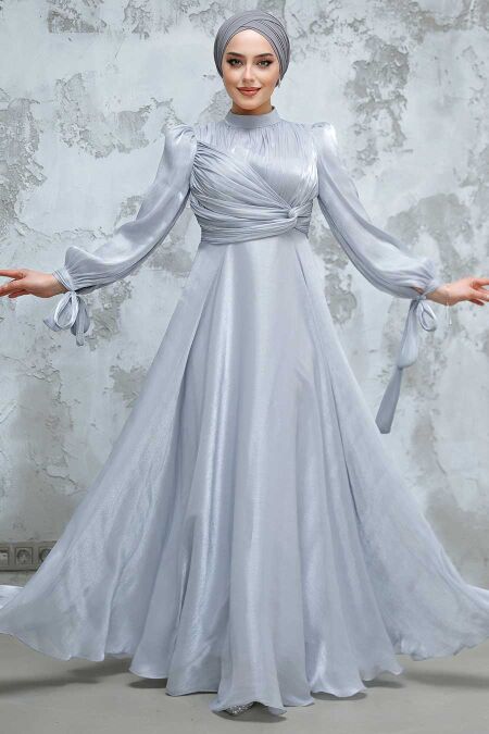 Grey Modest Evening Gown 4823GR - NEVA STYLE