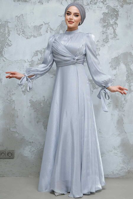 silver modest dress Modest Formal Embellished Dress G489 Grey