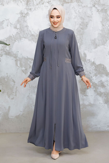 Grey Muslim Turkish Abaya 45271GR - NEVA STYLE