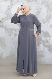 Grey Muslim Turkish Abaya 45271GR - 3