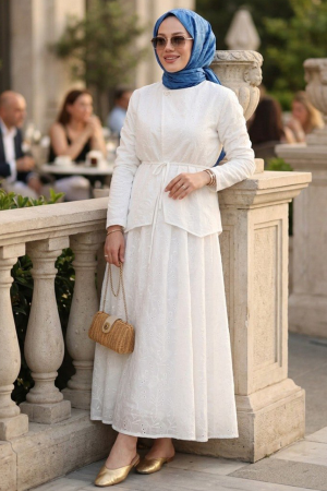 Guipure Detailed White Skirted Modest Two-Piece Set 41753B - 