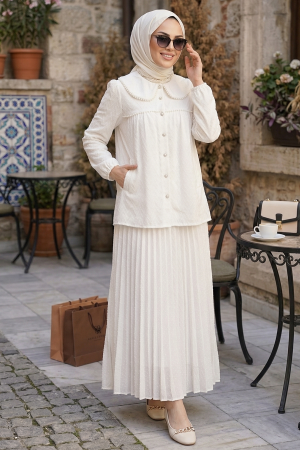 Guipure Detailed White Skirted Modest Two-Piece Set 41756B - 