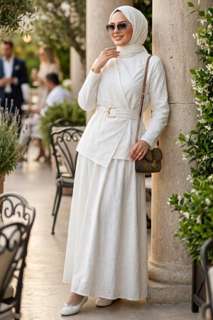 Guipure Detailed White Skirted Modest Two-Piece Set 41757B - 