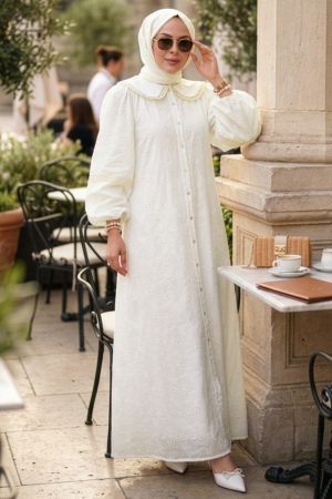 Guipure Detailed White Modest Dress 41754B - 