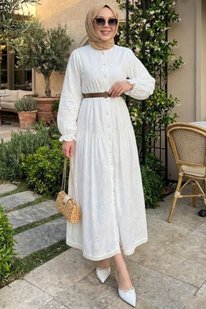 Guipure Detailed White Modest Dress 41758B - 