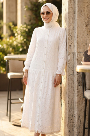 Guipure Detailed White Modest Dress 41759B - 