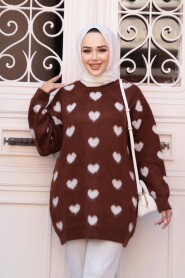 Heart Patterned Brown Knit Modest Sweater Tunic 8688KH - 1
