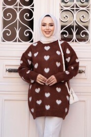 Heart Patterned Brown Knit Modest Sweater Tunic 8688KH - 2