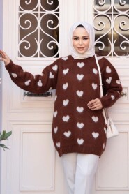 Heart Patterned Brown Knit Modest Sweater Tunic 8688KH - 3