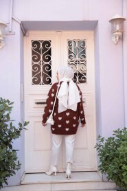 Heart Patterned Brown Knit Modest Sweater Tunic 8688KH - 4