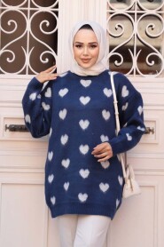 Heart Patterned Navy Knit Modest Sweater Tunic 8688L - 1