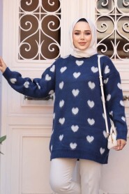 Heart Patterned Navy Knit Modest Sweater Tunic 8688L - 2
