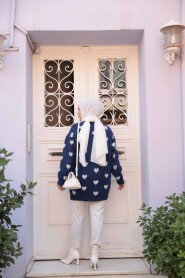 Heart Patterned Navy Knit Modest Sweater Tunic 8688L - 3