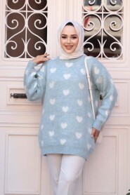 Heart Patterned Turquoise Knit Modest Sweater Tunic 8688TR - 1