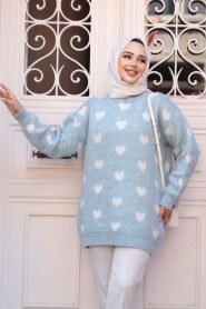 Heart Patterned Turquoise Knit Modest Sweater Tunic 8688TR - 3