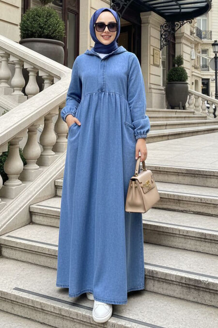 Hooded Blue Modest Denim Dress 19177M - 