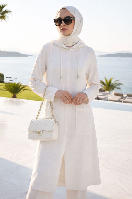 Hooded White Modest Cap Coat 18461B - 