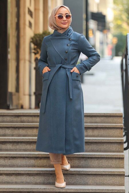 İndigo Blue Hijab Coat 5074IM - NEVA STYLE