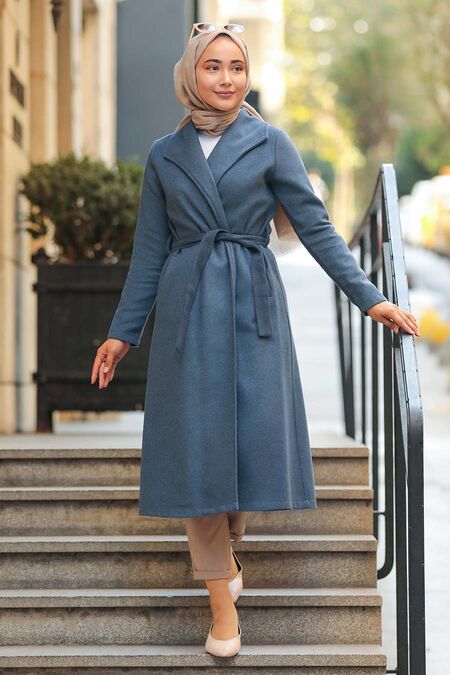 İndigo Blue Hijab Coat 5173IM - NEVA STYLE