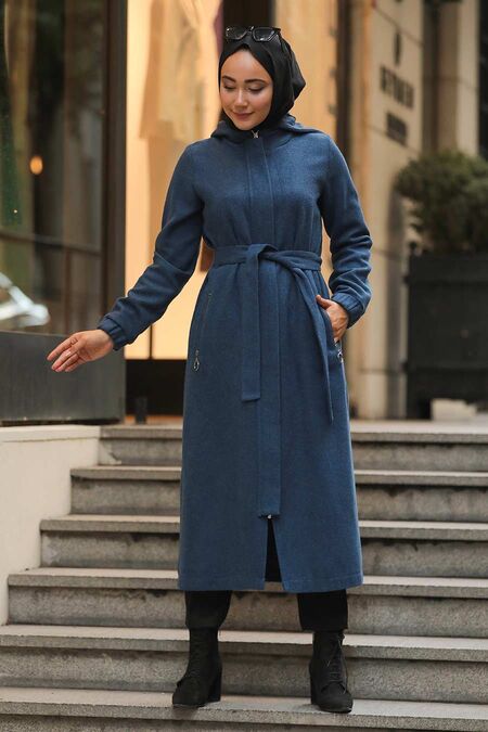 İndigo Blue Hijab Coat 5562IM - NEVA STYLE