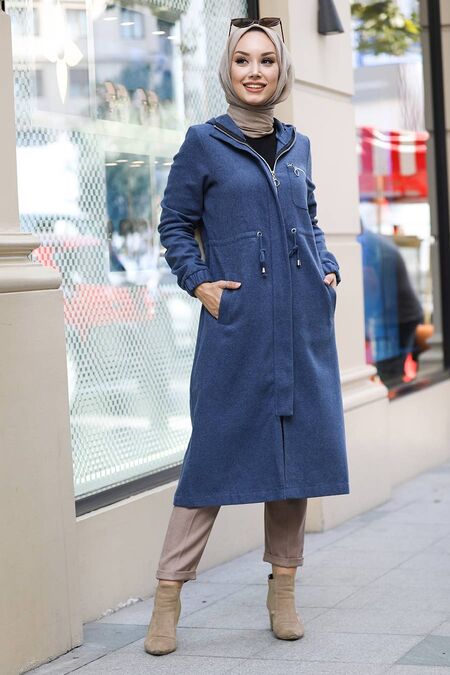 İndigo Blue Hijab Coat 5565IM - NEVA STYLE