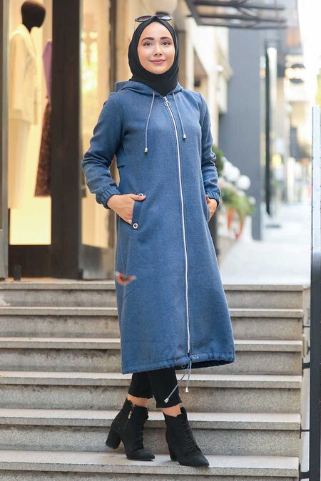 İndigo Blue Hijab Coat 5568IM - NEVA STYLE