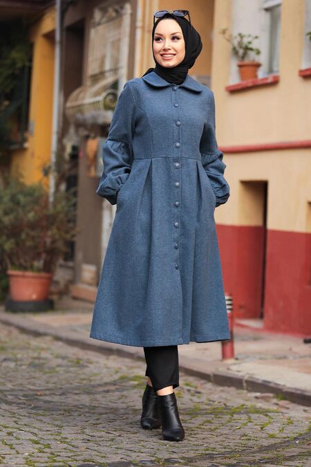 İndigo Blue Hijab Coat 5592IM - NEVA STYLE