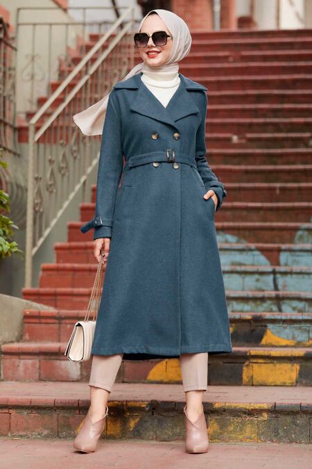 İndigo Blue Hijab Coat 5661IM - NEVA STYLE