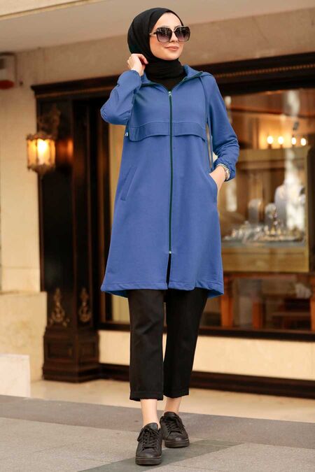 İndigo Blue Hijab Coat 7148IM - NEVA STYLE