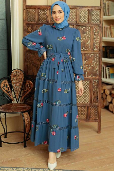 İndigo Blue Hijab Dress 10268IM - NEVA STYLE