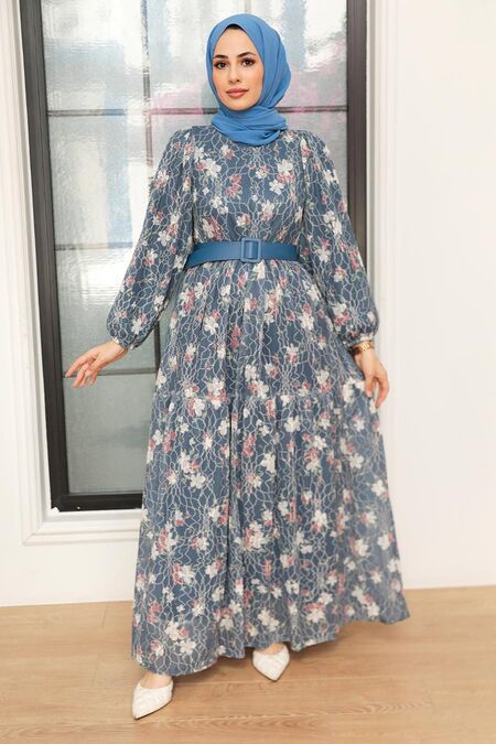 İndigo Blue Hijab Dress 11262IM - NEVA STYLE