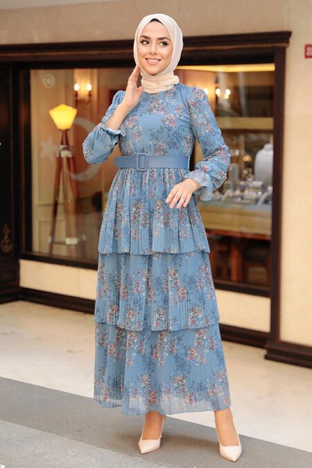 İndigo Blue Hijab Dress 11470IM - NEVA STYLE