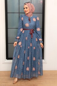 İndigo Blue Hijab Dress 1216IM - Thumbnail
