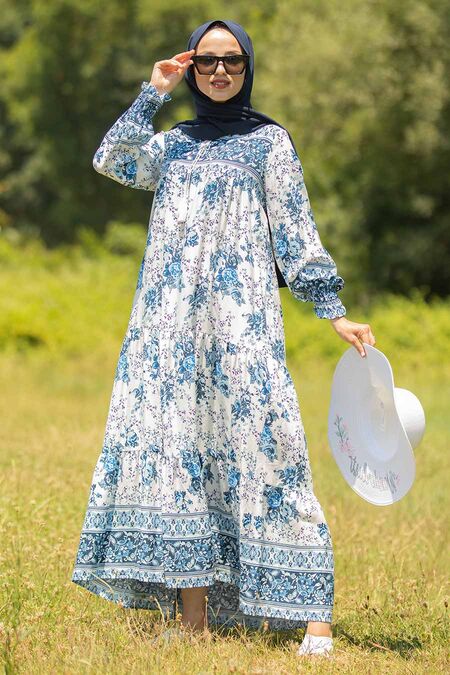 İndigo Blue Hijab Dress 1947IM - NEVA STYLE