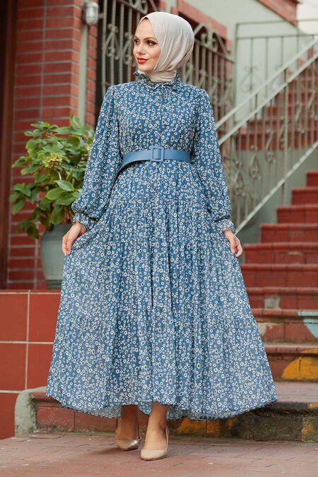 İndigo Blue Hijab Dress 2298IM - NEVA STYLE
