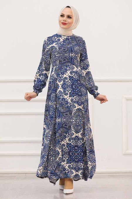 İndigo Blue Hijab Dress 27615IM - NEVA STYLE