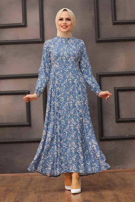 İndigo Blue Hijab Dress 27618IM - NEVA STYLE