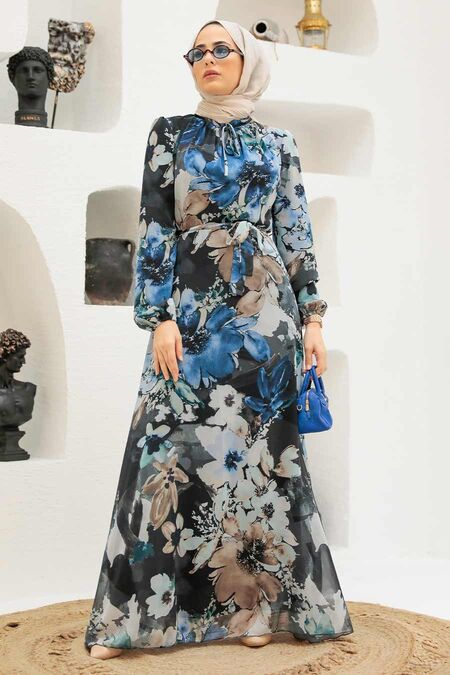 İndigo Blue Hijab Dress 27925IM - NEVA STYLE