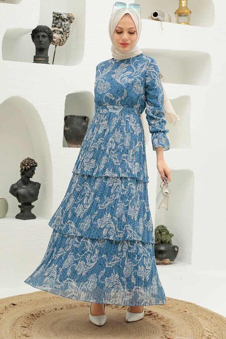 İndigo Blue Hijab Dress 3359IM - NEVA STYLE