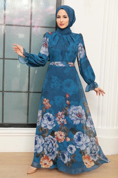 İndigo Blue Hijab Dress 35461IM - NEVA STYLE