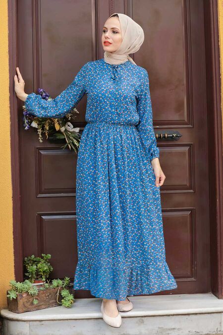 İndigo Blue Hijab Dress 4339IM - NEVA STYLE
