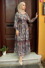 İndigo Blue Hijab Dress 76440IM - 3