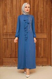  Modern İndigo Blue Islamic Long Sleeve Dress 12951IM - 1